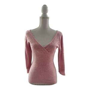 bebe Dusty  Pink Fuzzy V-Neck Wrap-Front Sweater.Fitted Plush Cozy Velor Y2K Top